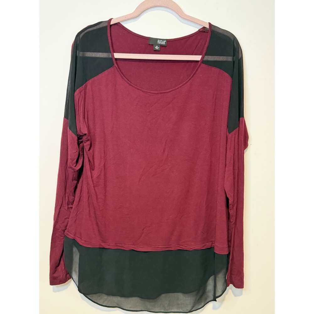a.n.a A New Approach Burgundy Black Sheer Layered Top XL Mixed Media Mesh Top